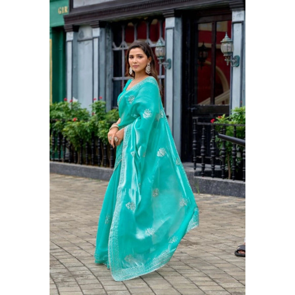 Amfyn Women's Faux Shimmer Floral Embroidery Ready to wear Saree With Unstitched Blouse 5.5Mtr (Turquoise)