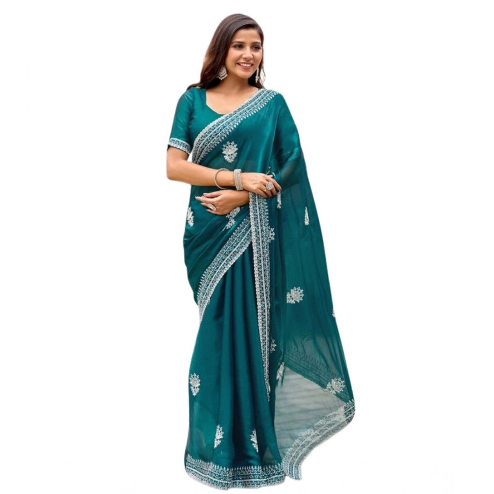 Amfyn Women's Faux Shimmer Floral Embroidery Ready to wear Saree With Unstitched Blouse 5.5Mtr (Teal)