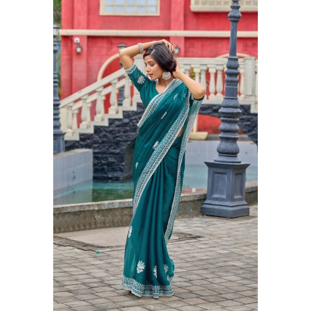 Amfyn Women's Faux Shimmer Floral Embroidery Ready to wear Saree With Unstitched Blouse 5.5Mtr (Teal)