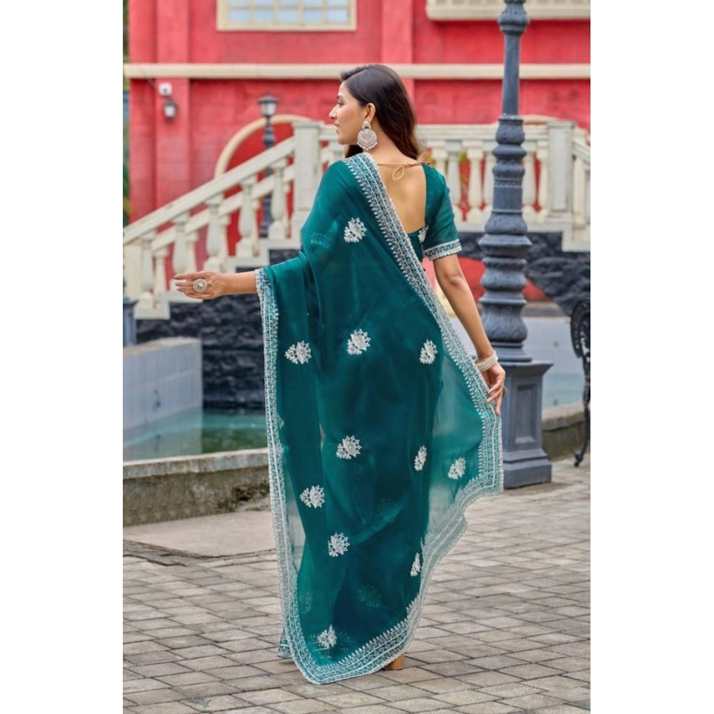 Amfyn Women's Faux Shimmer Floral Embroidery Ready to wear Saree With Unstitched Blouse 5.5Mtr (Teal)