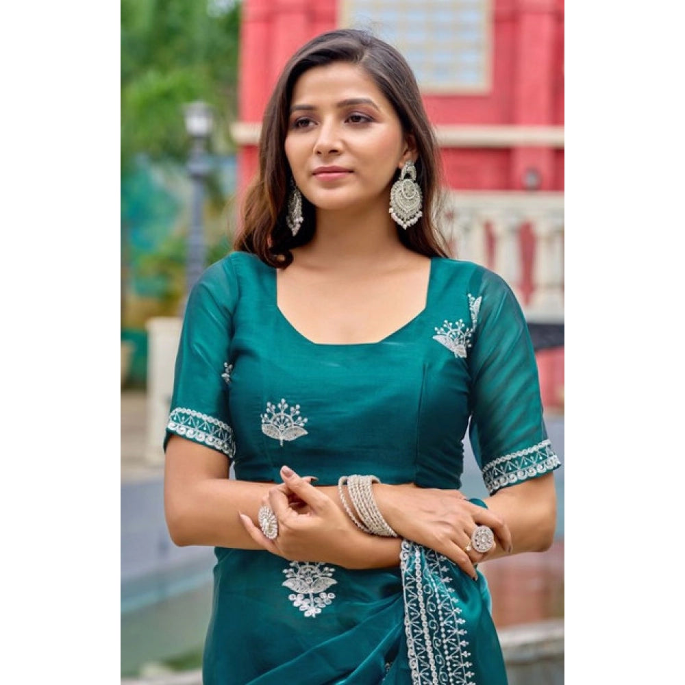 Amfyn Women's Faux Shimmer Floral Embroidery Ready to wear Saree With Unstitched Blouse 5.5Mtr (Teal)