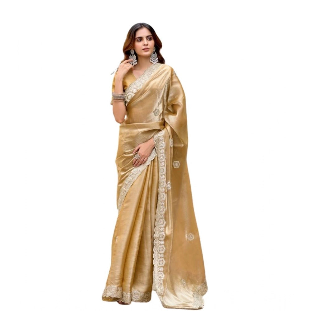 Amfyn Women's Faux Shimmer Geometric Ready to wear Saree With Unstitched Blouse 5.5Mtr (Beige)