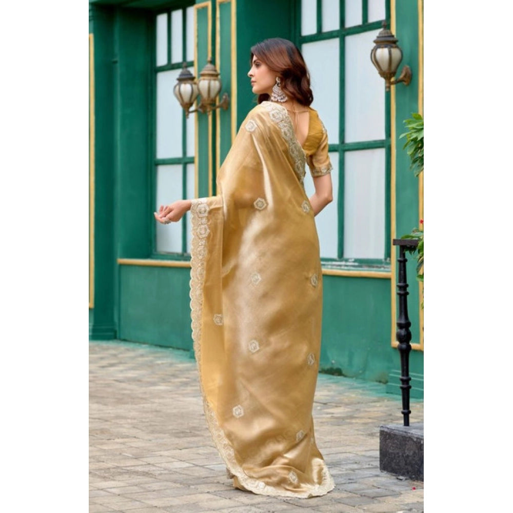 Amfyn Women's Faux Shimmer Geometric Ready to wear Saree With Unstitched Blouse 5.5Mtr (Beige)