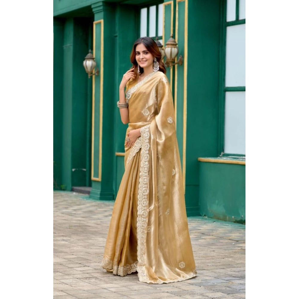 Amfyn Women's Faux Shimmer Geometric Ready to wear Saree With Unstitched Blouse 5.5Mtr (Beige)
