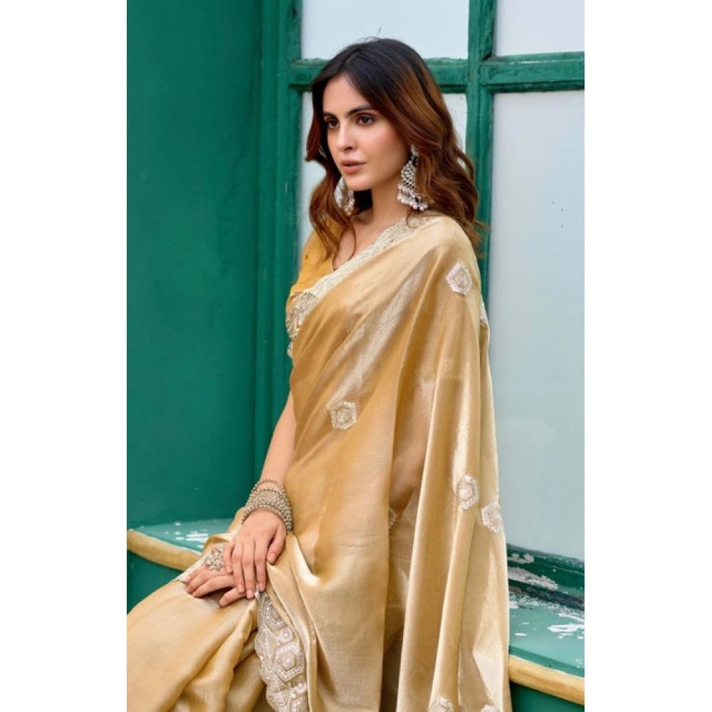 Amfyn Women's Faux Shimmer Geometric Ready to wear Saree With Unstitched Blouse 5.5Mtr (Beige)