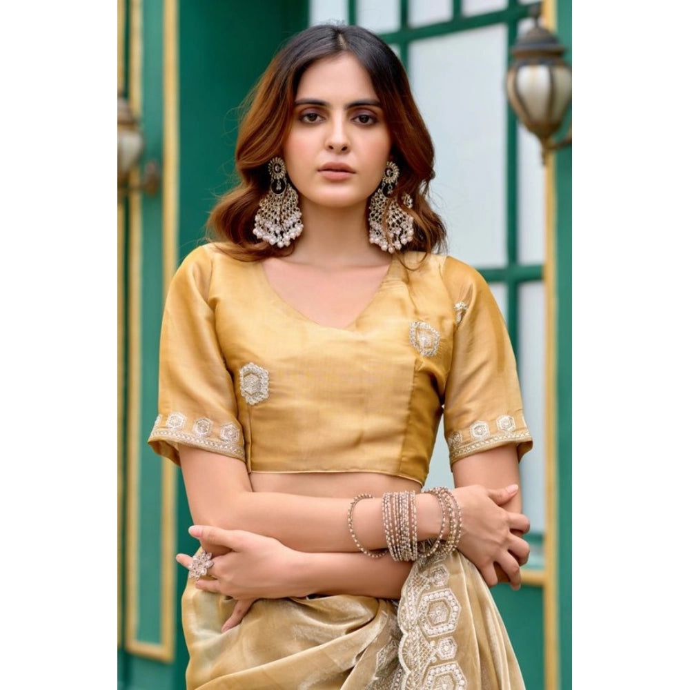 Amfyn Women's Faux Shimmer Geometric Ready to wear Saree With Unstitched Blouse 5.5Mtr (Beige)