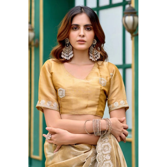 Amfyn Women's Faux Shimmer Geometric Ready to wear Saree With Unstitched Blouse 5.5Mtr (Beige)