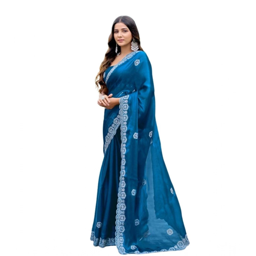 Amfyn Women's Faux Shimmer Geometric Ready to wear Saree With Unstitched Blouse 5.5Mtr (Blue)