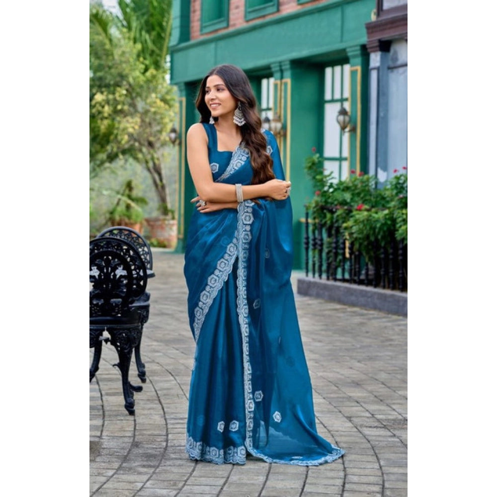 Amfyn Women's Faux Shimmer Geometric Ready to wear Saree With Unstitched Blouse 5.5Mtr (Blue)