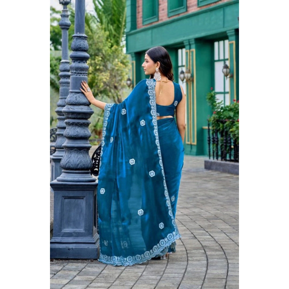 Amfyn Women's Faux Shimmer Geometric Ready to wear Saree With Unstitched Blouse 5.5Mtr (Blue)