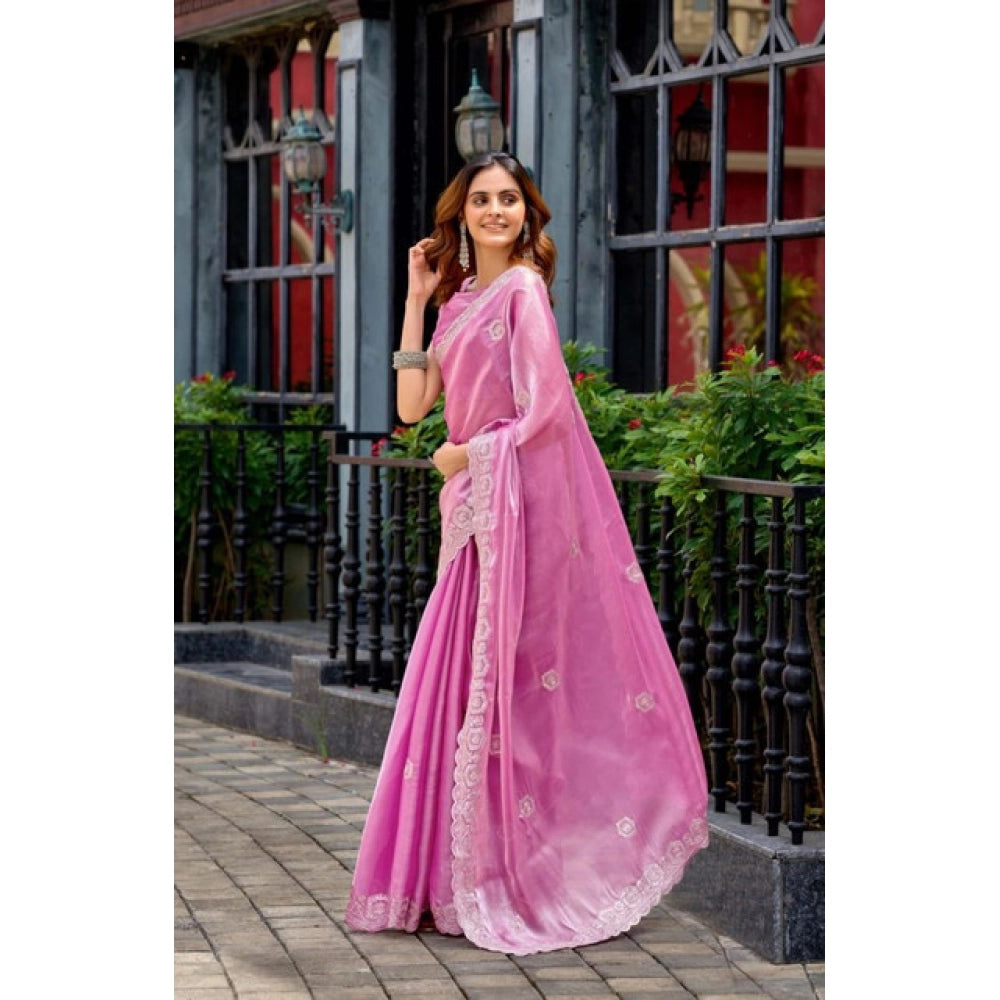 Amfyn Women's Faux Shimmer Geometric Ready to wear Saree With Unstitched Blouse 5.5Mtr (LightPink)
