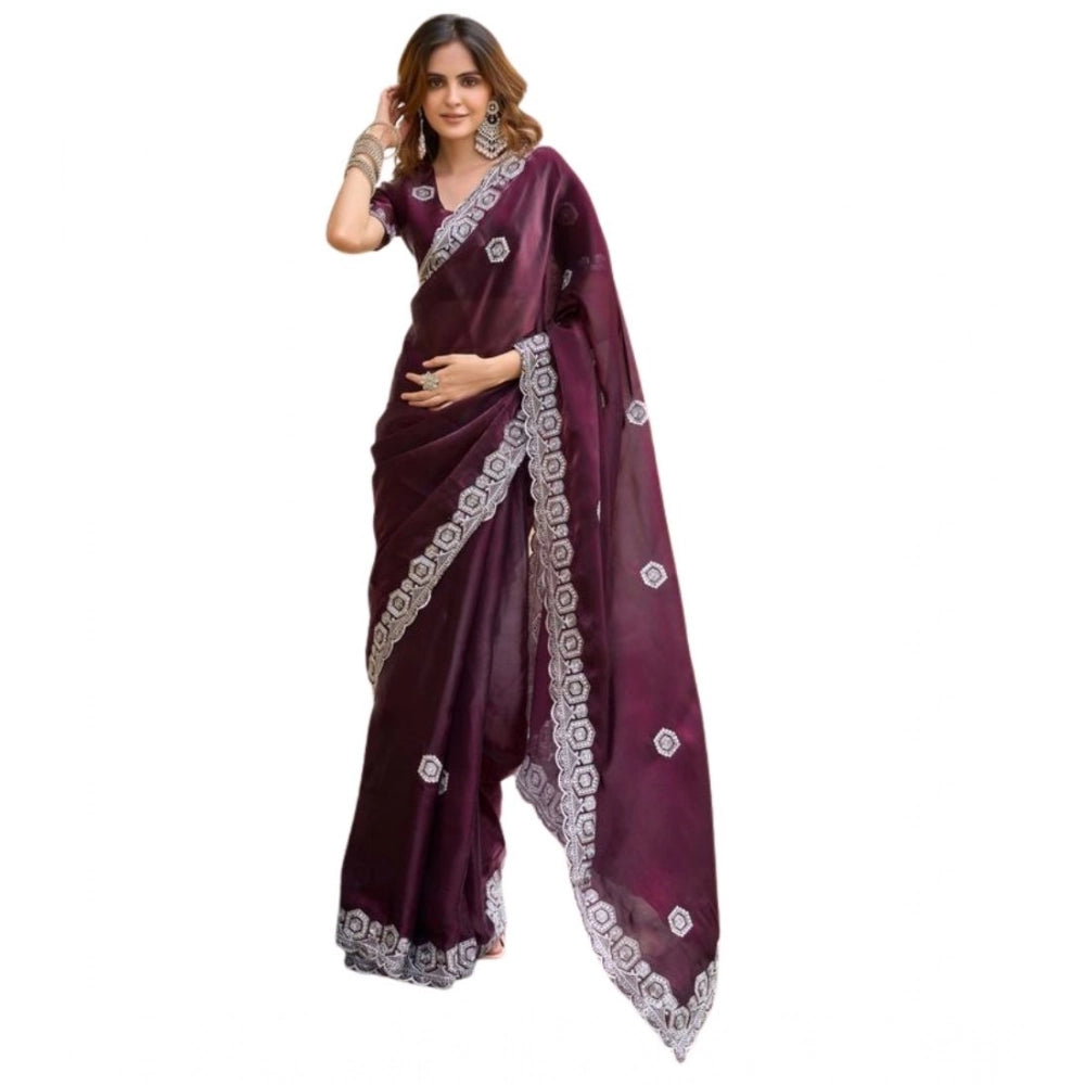 Amfyn Women's Faux Shimmer Geometric Ready to wear Saree With Unstitched Blouse 5.5Mtr (Wine)