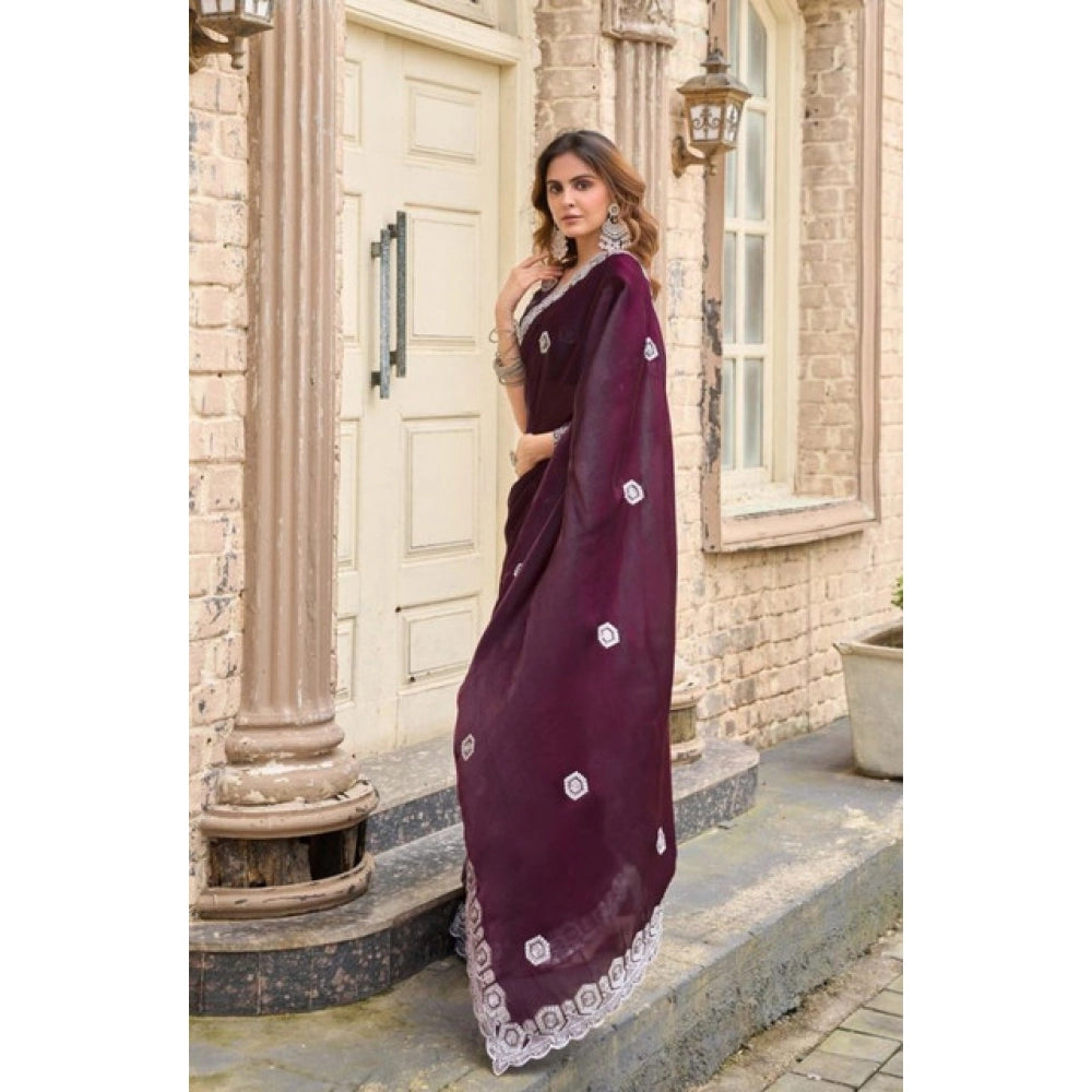 Amfyn Women's Faux Shimmer Geometric Ready to wear Saree With Unstitched Blouse 5.5Mtr (Wine)