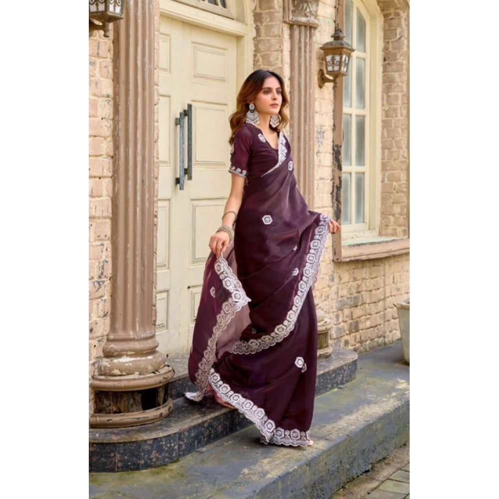 Amfyn Women's Faux Shimmer Geometric Ready to wear Saree With Unstitched Blouse 5.5Mtr (Wine)