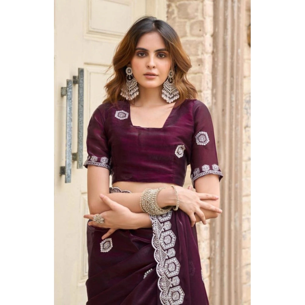 Amfyn Women's Faux Shimmer Geometric Ready to wear Saree With Unstitched Blouse 5.5Mtr (Wine)
