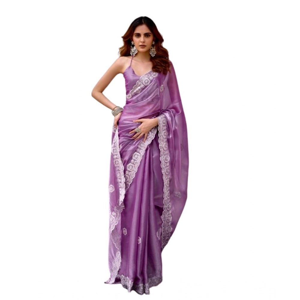 Amfyn Women's Faux Shimmer Geometric Ready to wear Saree With Unstitched Blouse 5.5Mtr (Lavender)