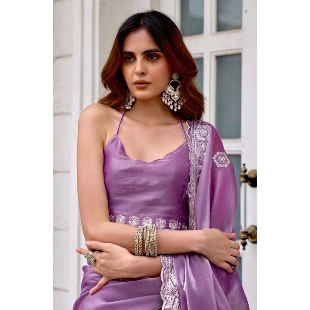 Amfyn Women's Faux Shimmer Geometric Ready to wear Saree With Unstitched Blouse 5.5Mtr (Lavender)