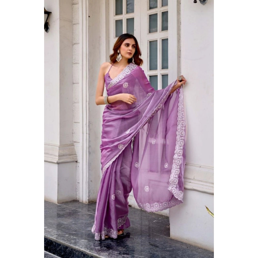 Amfyn Women's Faux Shimmer Geometric Ready to wear Saree With Unstitched Blouse 5.5Mtr (Lavender)