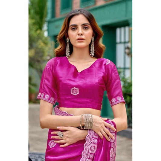 Amfyn Women's Faux Shimmer Geometric Ready to wear Saree With Unstitched Blouse 5.5Mtr (Pink)