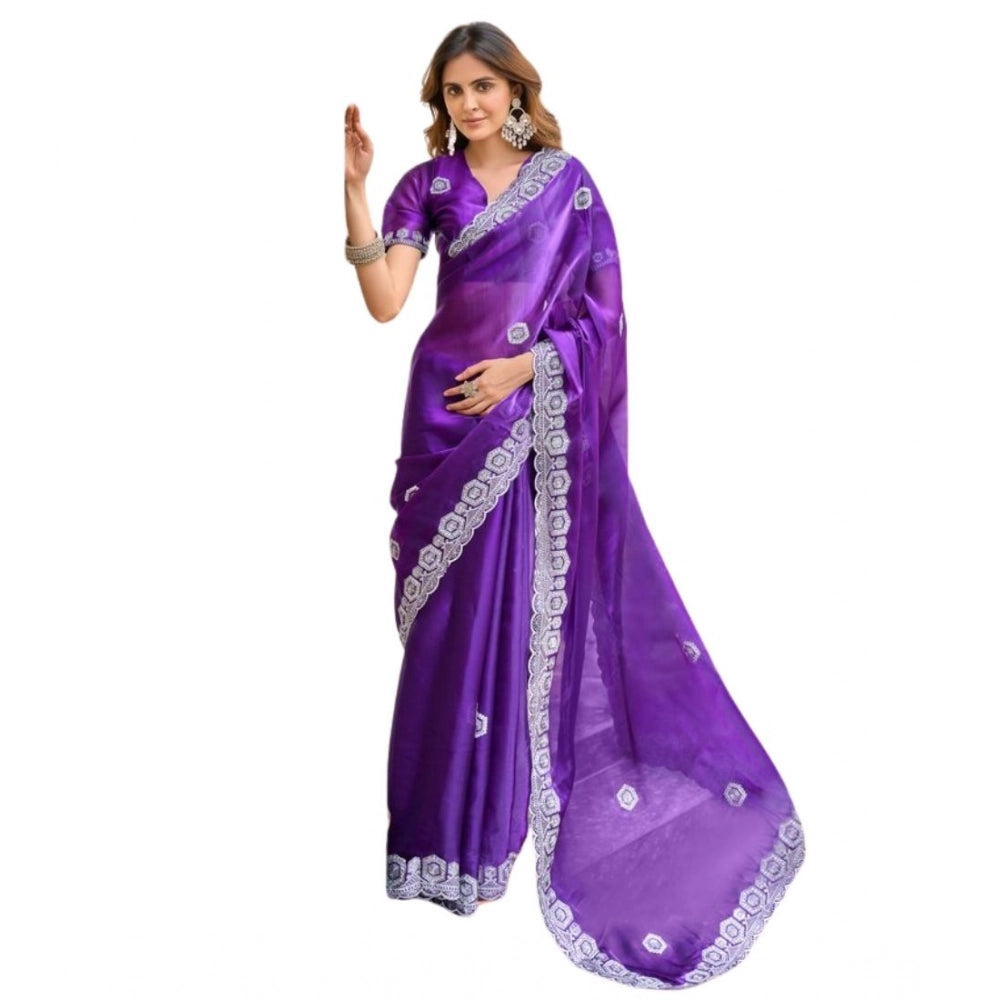Amfyn Women's Faux Shimmer Geometric Ready to wear Saree With Unstitched Blouse 5.5Mtr (Purple)