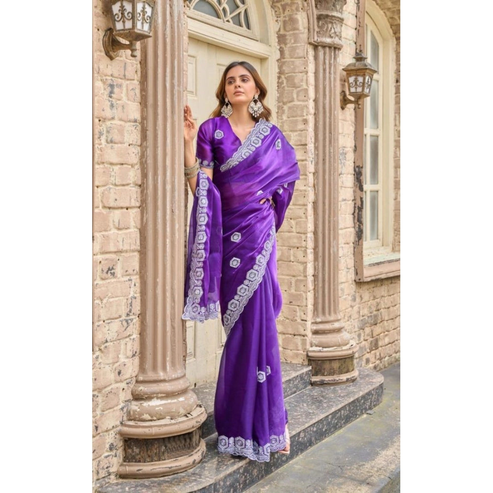Amfyn Women's Faux Shimmer Geometric Ready to wear Saree With Unstitched Blouse 5.5Mtr (Purple)