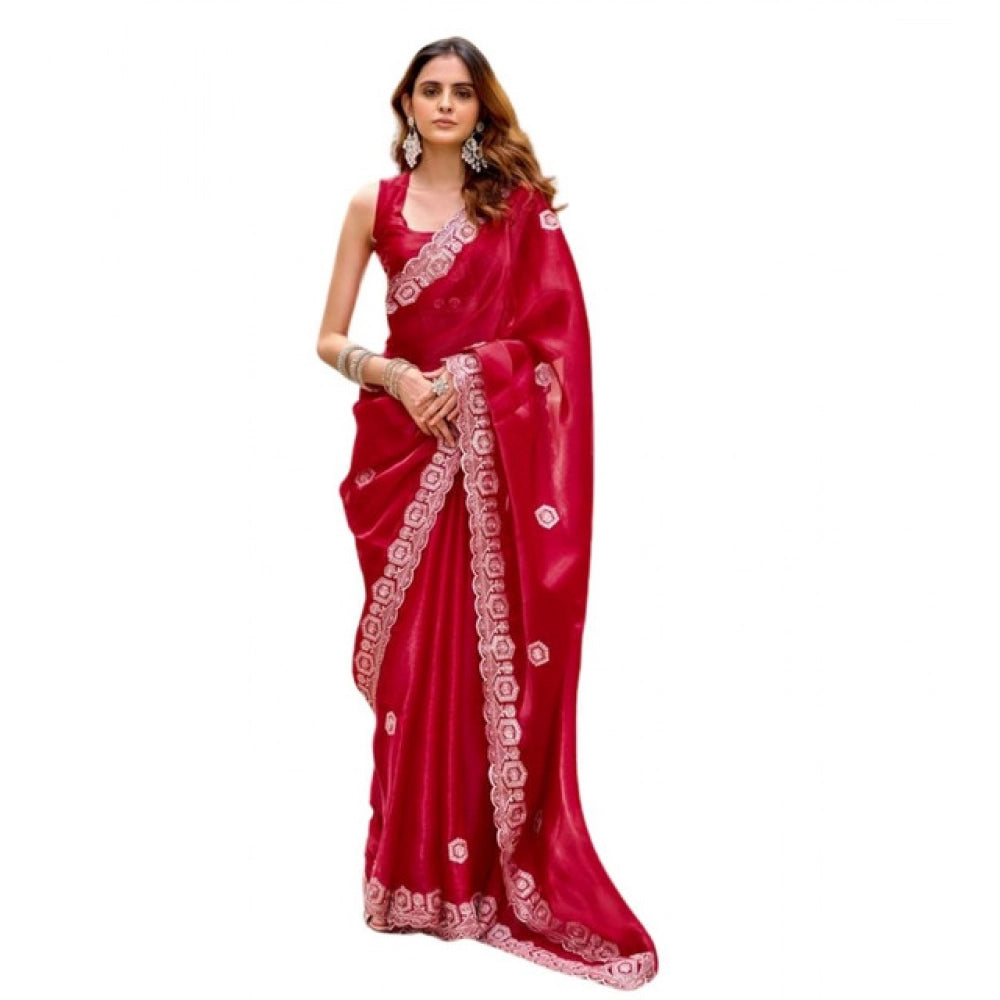 Amfyn Women's Faux Shimmer Geometric Ready to wear Saree With Unstitched Blouse 5.5Mtr (Red)