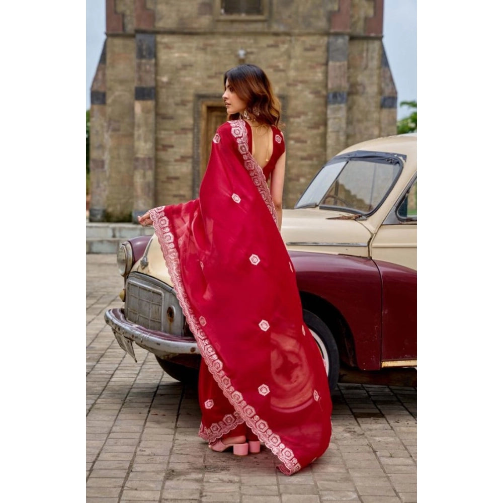 Amfyn Women's Faux Shimmer Geometric Ready to wear Saree With Unstitched Blouse 5.5Mtr (Red)
