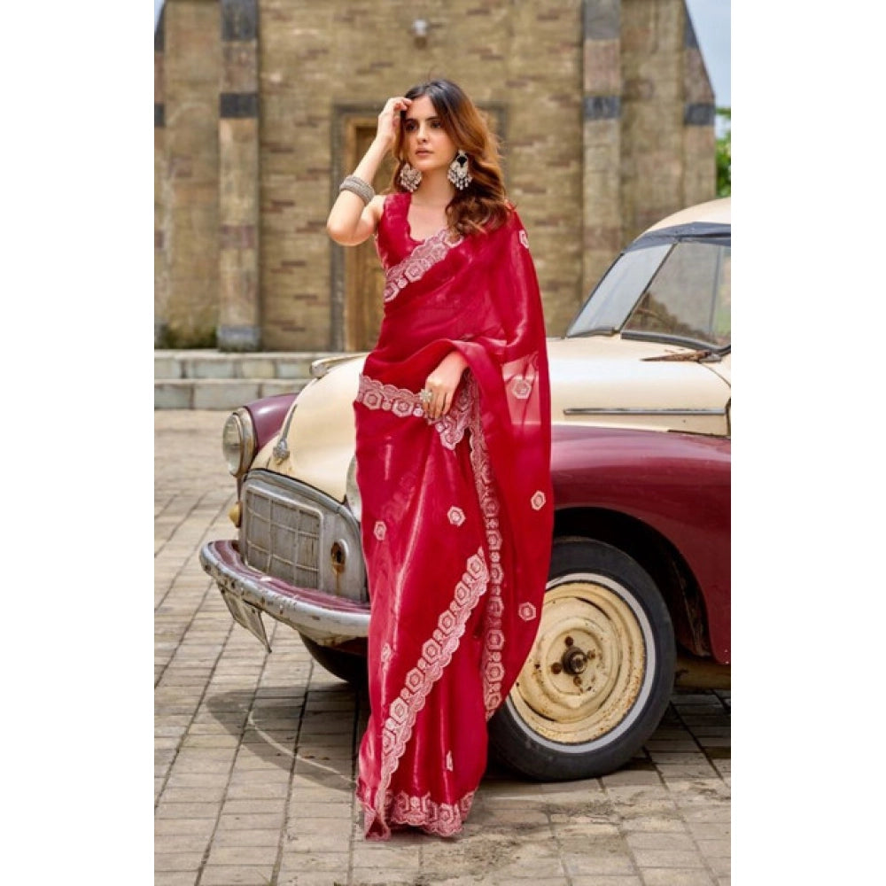 Amfyn Women's Faux Shimmer Geometric Ready to wear Saree With Unstitched Blouse 5.5Mtr (Red)