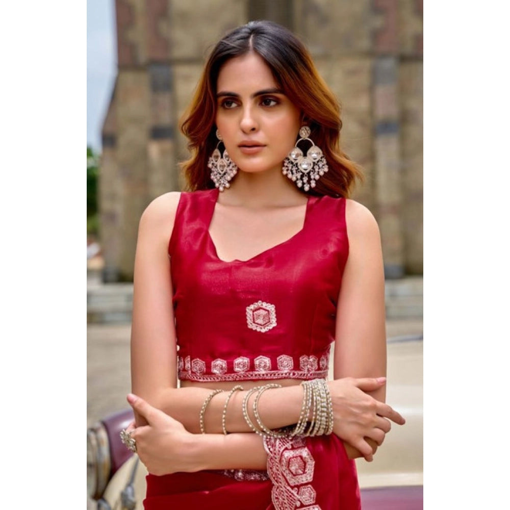 Amfyn Women's Faux Shimmer Geometric Ready to wear Saree With Unstitched Blouse 5.5Mtr (Red)
