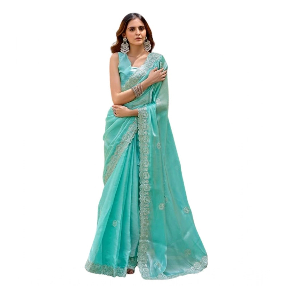 Amfyn Women's Faux Shimmer Geometric Ready to wear Saree With Unstitched Blouse 5.5Mtr (Light_AquaBlue)