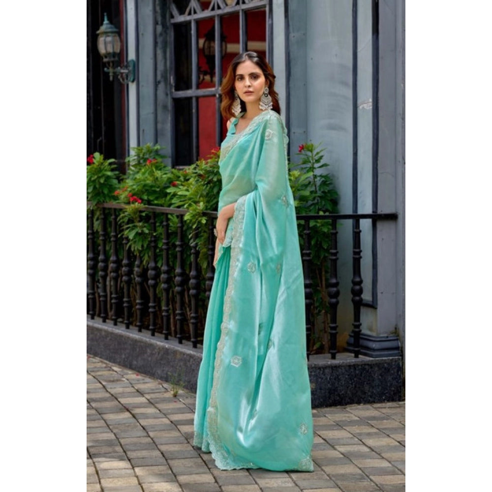 Amfyn Women's Faux Shimmer Geometric Ready to wear Saree With Unstitched Blouse 5.5Mtr (Light_AquaBlue)
