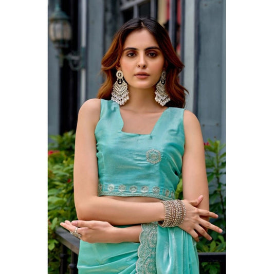 Amfyn Women's Faux Shimmer Geometric Ready to wear Saree With Unstitched Blouse 5.5Mtr (Light_AquaBlue)