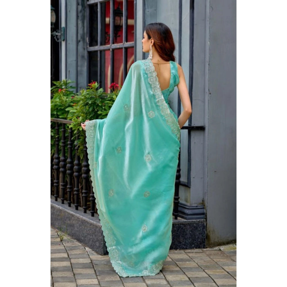 Amfyn Women's Faux Shimmer Geometric Ready to wear Saree With Unstitched Blouse 5.5Mtr (Light_AquaBlue)
