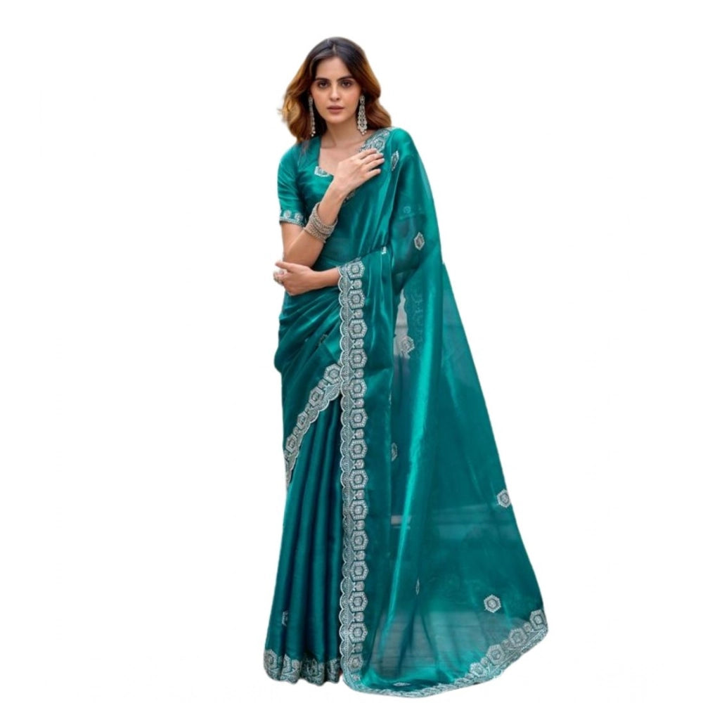 Amfyn Women's Faux Shimmer Geometric Ready to wear Saree With Unstitched Blouse 5.5Mtr (Teal)