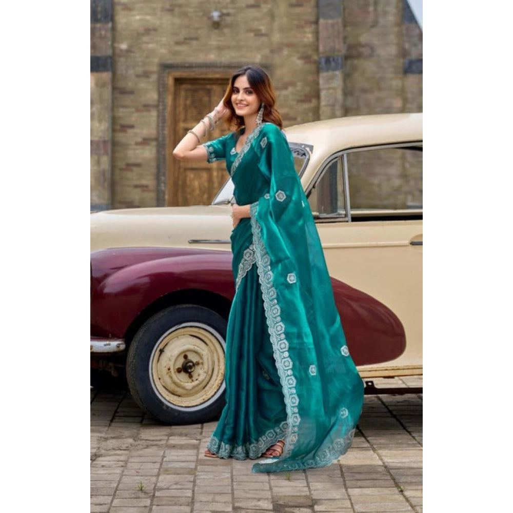 Amfyn Women's Faux Shimmer Geometric Ready to wear Saree With Unstitched Blouse 5.5Mtr (Teal)