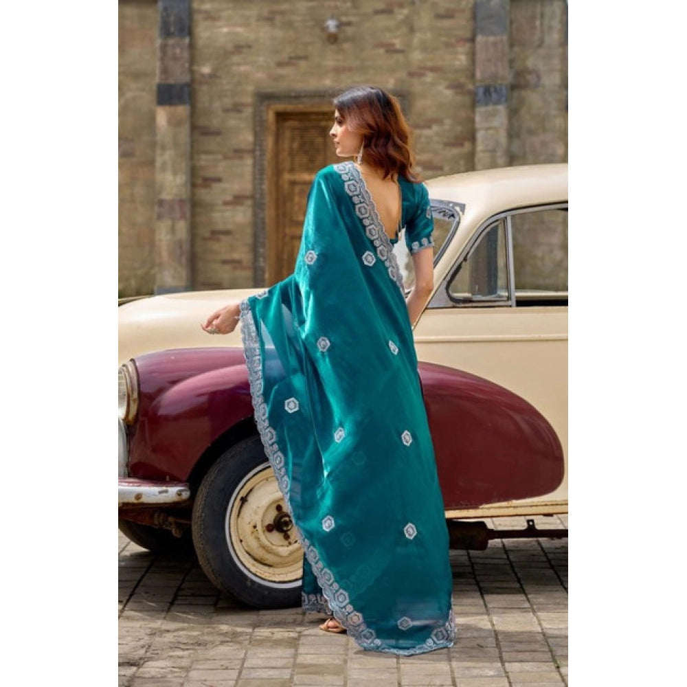 Amfyn Women's Faux Shimmer Geometric Ready to wear Saree With Unstitched Blouse 5.5Mtr (Teal)