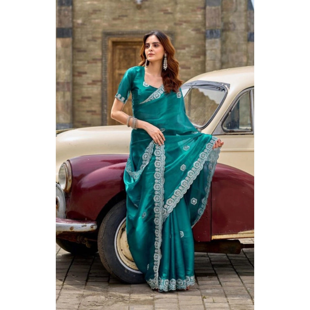 Amfyn Women's Faux Shimmer Geometric Ready to wear Saree With Unstitched Blouse 5.5Mtr (Teal)
