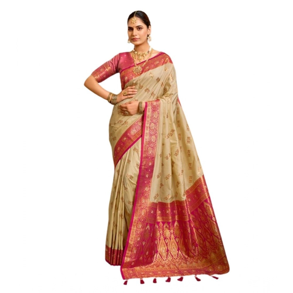 Amfyn Women's Silk Blend Booti Work Ready to wear Saree With Unstitched Blouse 5.5Mtr (LightBeige)