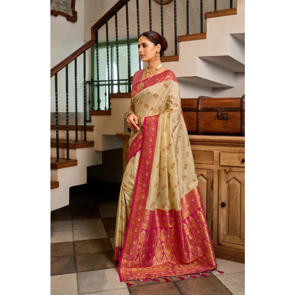 Amfyn Women's Silk Blend Booti Work Ready to wear Saree With Unstitched Blouse 5.5Mtr (LightBeige)