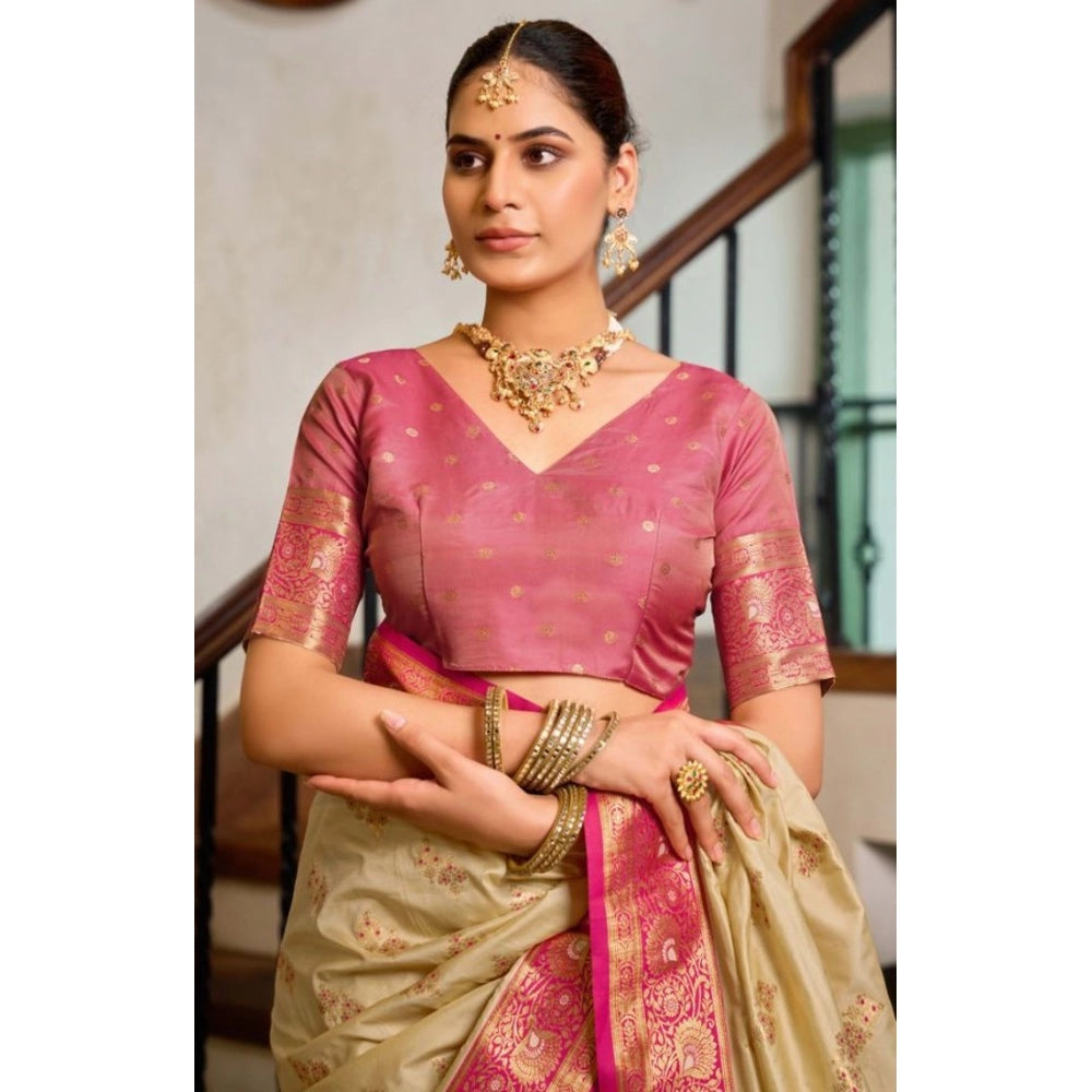 Amfyn Women's Silk Blend Booti Work Ready to wear Saree With Unstitched Blouse 5.5Mtr (LightBeige)