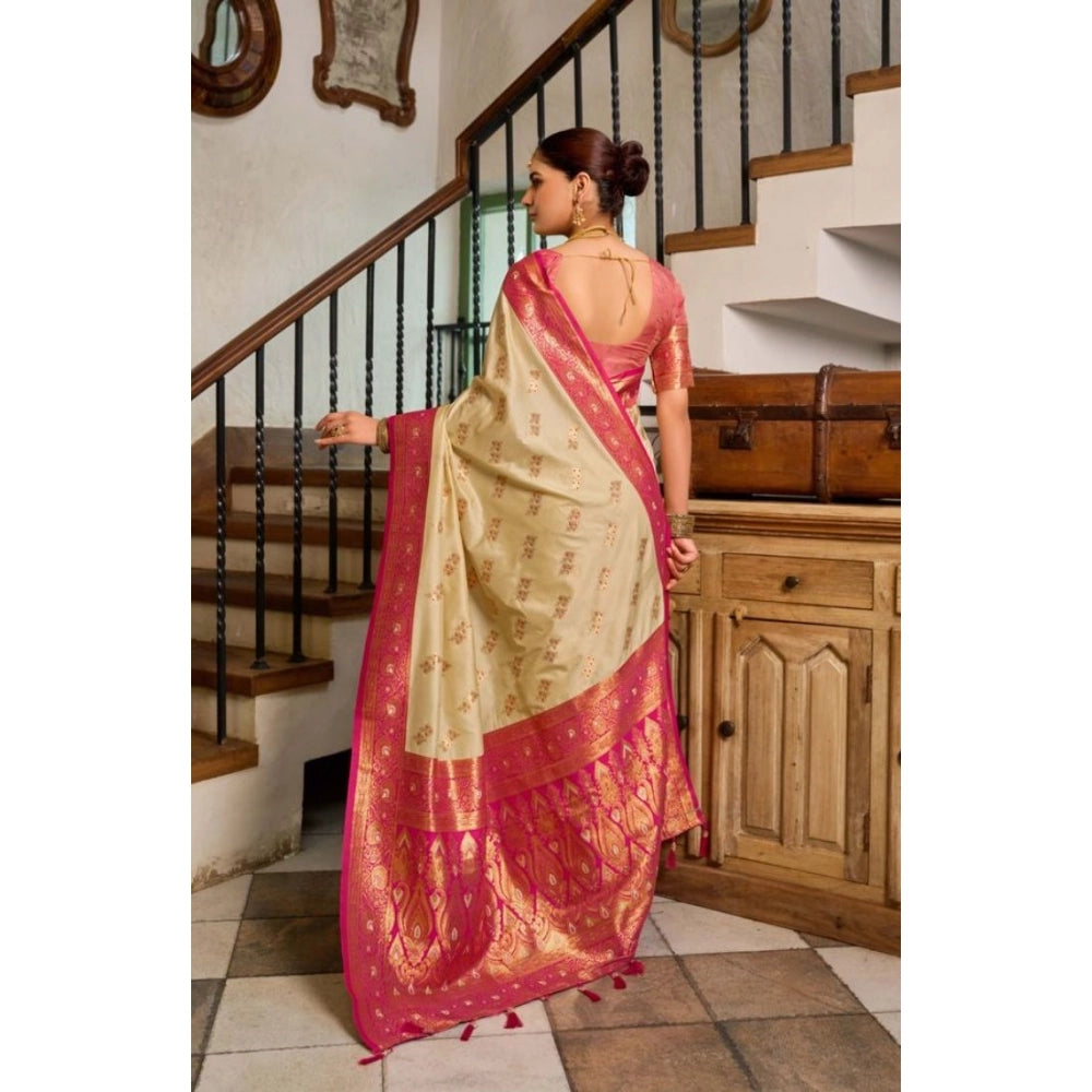 Amfyn Women's Silk Blend Booti Work Ready to wear Saree With Unstitched Blouse 5.5Mtr (LightBeige)