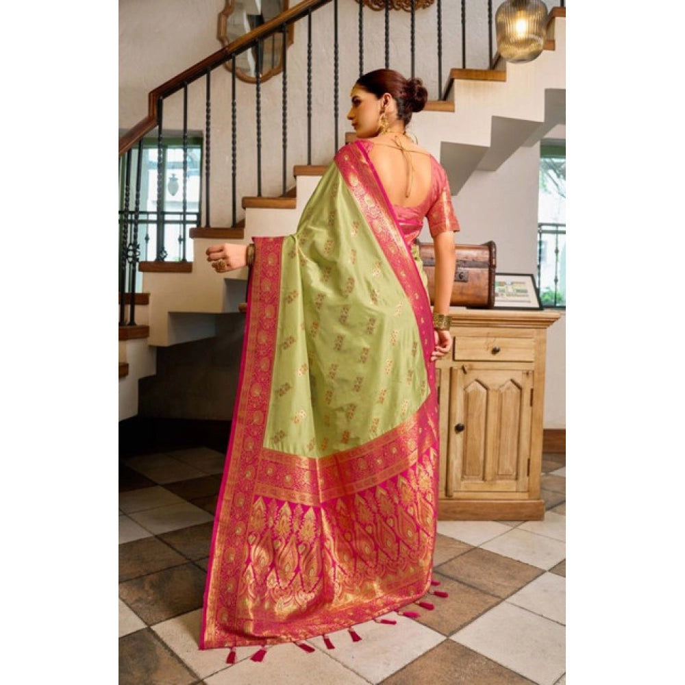 Amfyn Women's Silk Blend Booti Work Ready to wear Saree With Unstitched Blouse 5.5Mtr (Green)