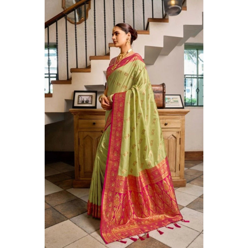 Amfyn Women's Silk Blend Booti Work Ready to wear Saree With Unstitched Blouse 5.5Mtr (Green)