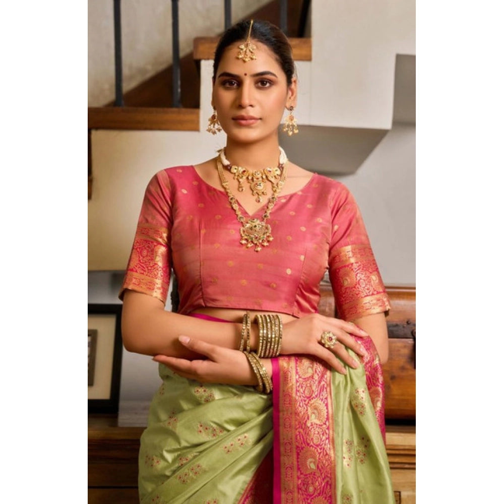 Amfyn Women's Silk Blend Booti Work Ready to wear Saree With Unstitched Blouse 5.5Mtr (Green)