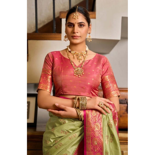 Amfyn Women's Silk Blend Booti Work Ready to wear Saree With Unstitched Blouse 5.5Mtr (Green)