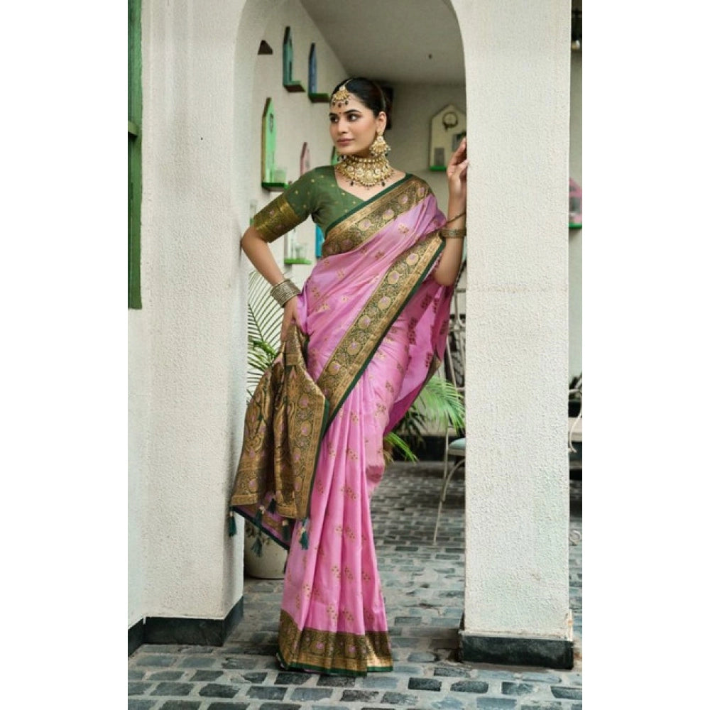 Amfyn Women's Silk Blend Booti Work Ready to wear Saree With Unstitched Blouse 5.5Mtr (LightPink)