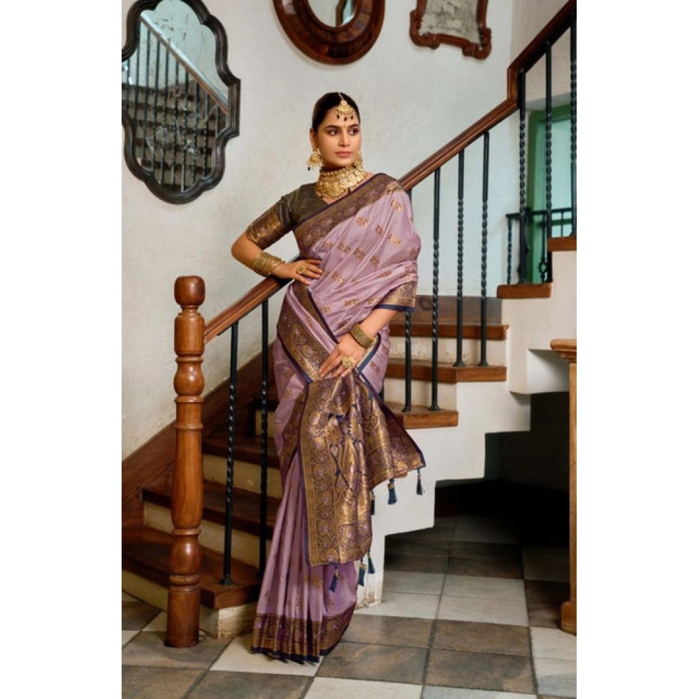 Amfyn Women's Silk Blend Booti Work Ready to wear Saree With Unstitched Blouse 5.5Mtr (Lavender)