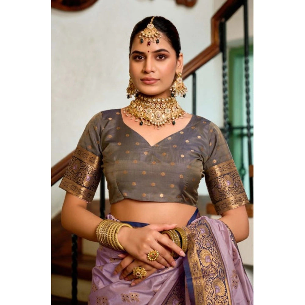 Amfyn Women's Silk Blend Booti Work Ready to wear Saree With Unstitched Blouse 5.5Mtr (Lavender)