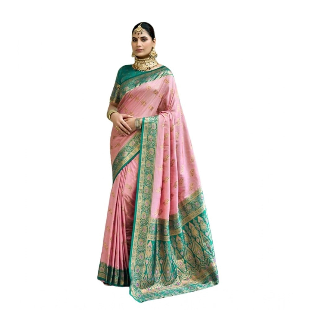 Amfyn Women's Silk Blend Booti Work Ready to wear Saree With Unstitched Blouse 5.5Mtr (Peach)