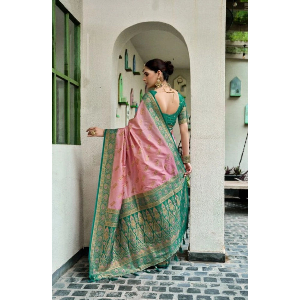 Amfyn Women's Silk Blend Booti Work Ready to wear Saree With Unstitched Blouse 5.5Mtr (Peach)